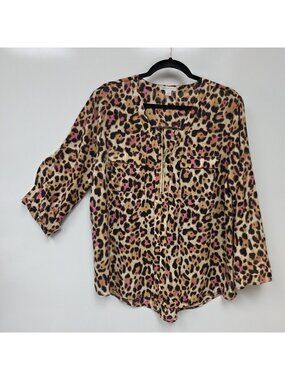 Cato Shirt Womens XL Brown Leopard Print Zip Roll Tab Sleeve Tunic Top